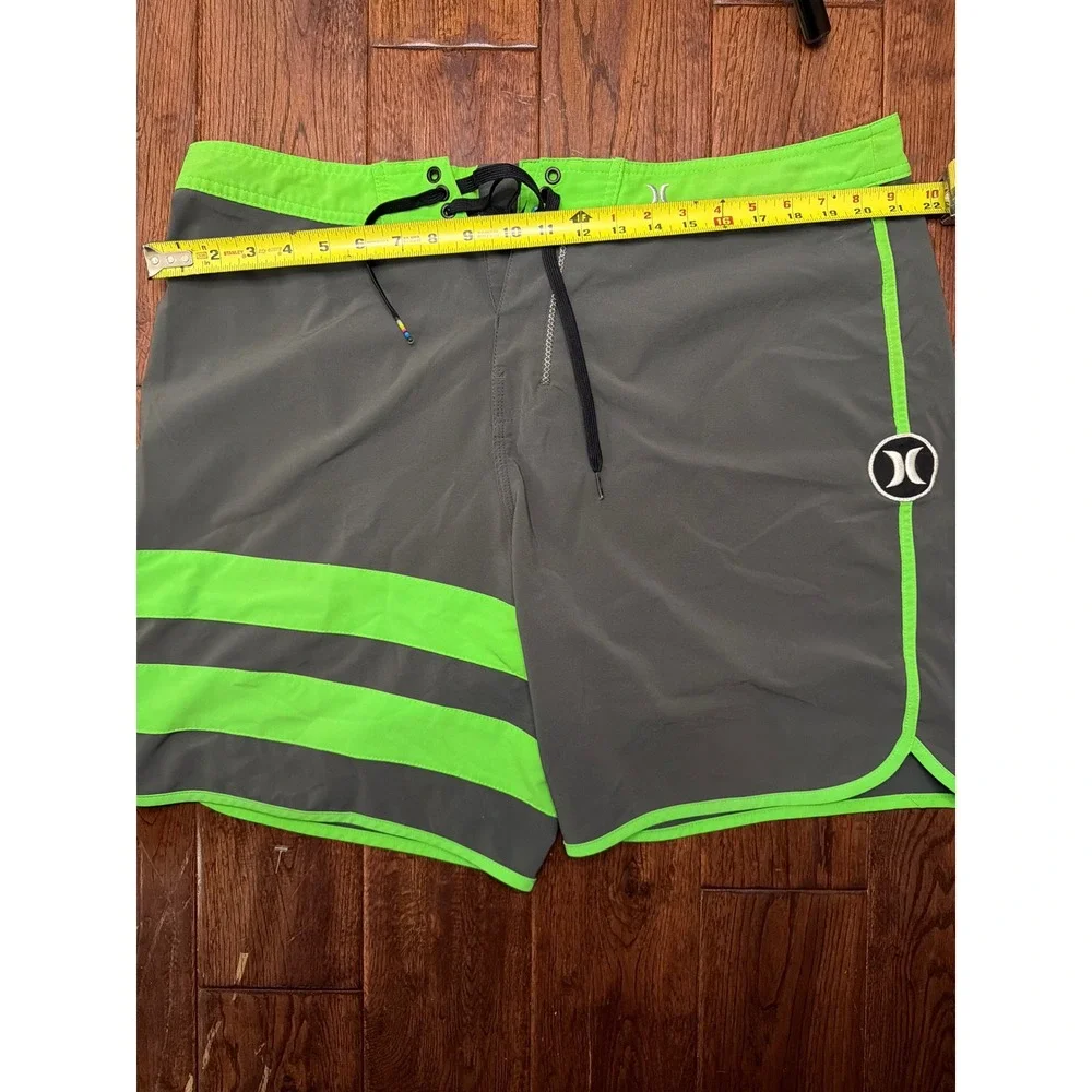 Hurley Board Shorts Mens 42 Grey Neon Green Striped Swim Trunks Surf‎ Shorts